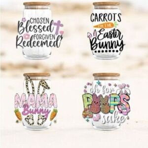 Set of 4 Easter  Glass Cups with Lids and Straws - 16oz Can Shaped cups